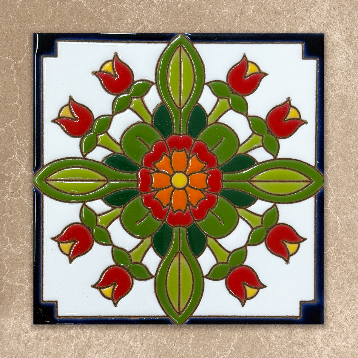 Decorative tile with a colorful floral design on a beige background