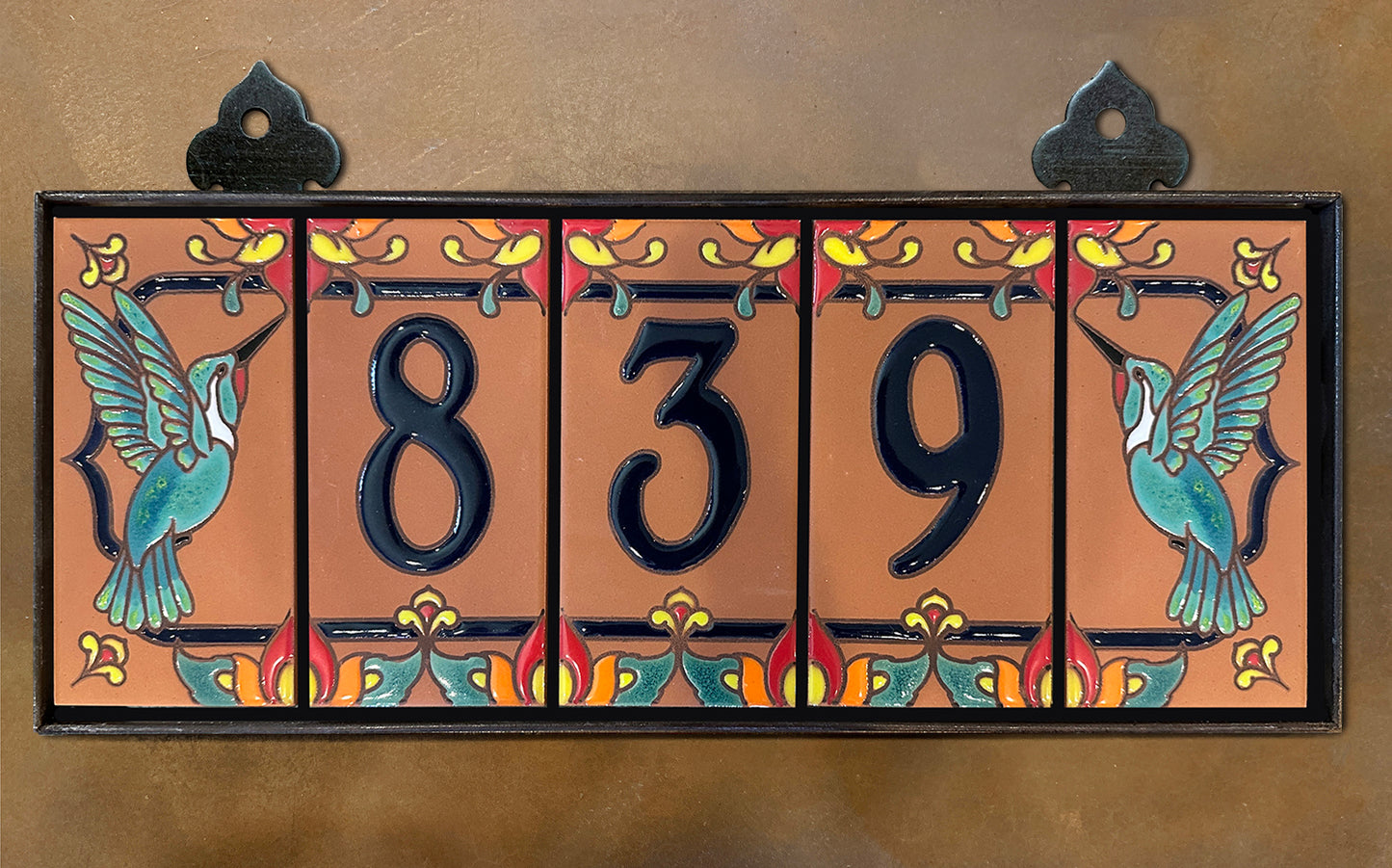 Custom Tile House Numbers with Hummingbird End Caps, Terra Cotta Background, and Blue Numbers