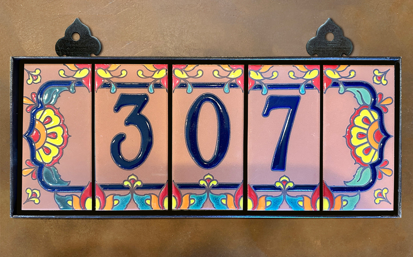 Custom Tile House Numbers with Talavera End Caps, Terra Cotta Background, Blue Numbers