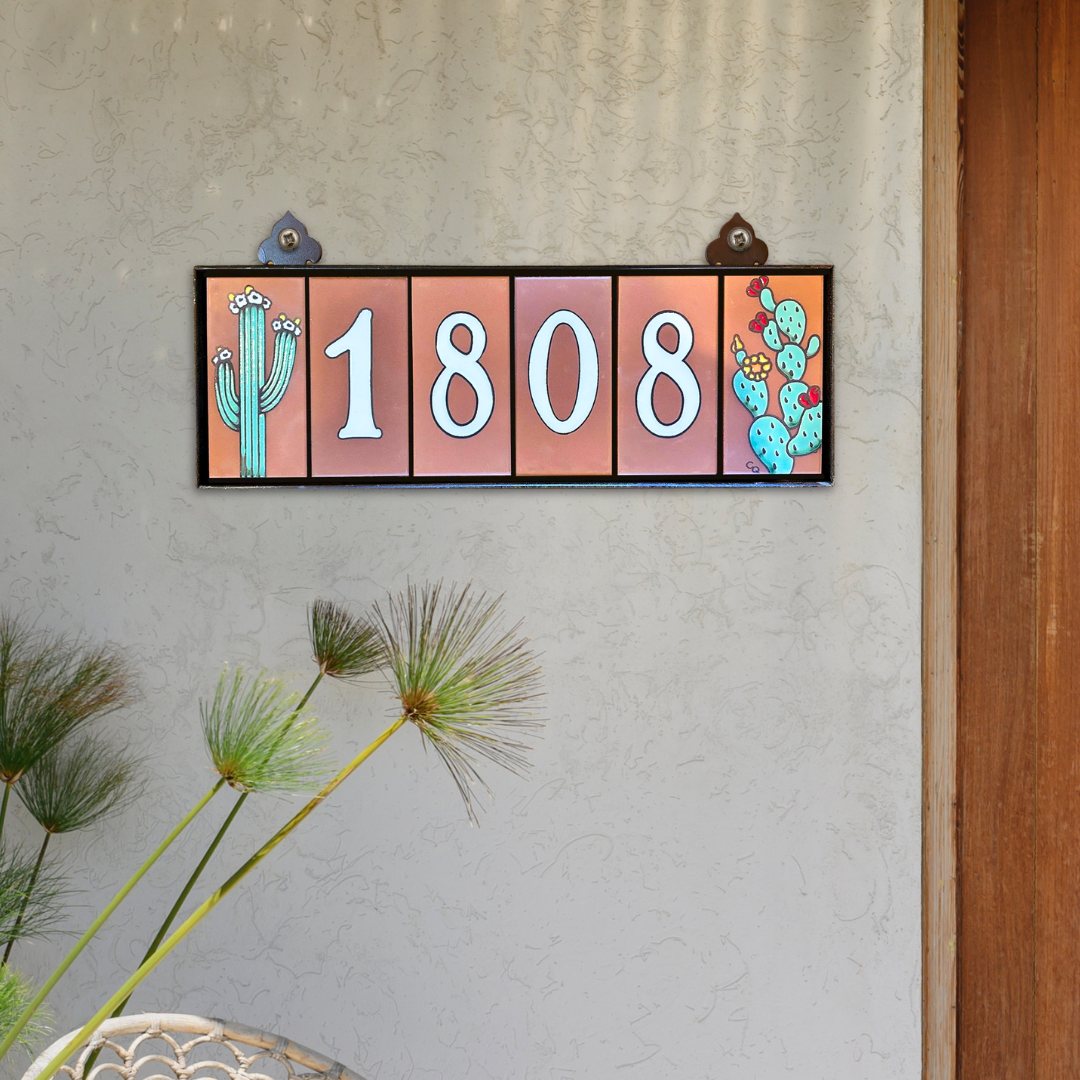 Custom Tile House Numbers with Cactus End Caps, Terra Cotta Background, and White Numbers