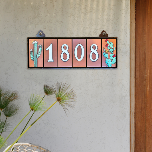 Custom Tile House Numbers with Cactus End Caps, Terra Cotta Background, and White Numbers