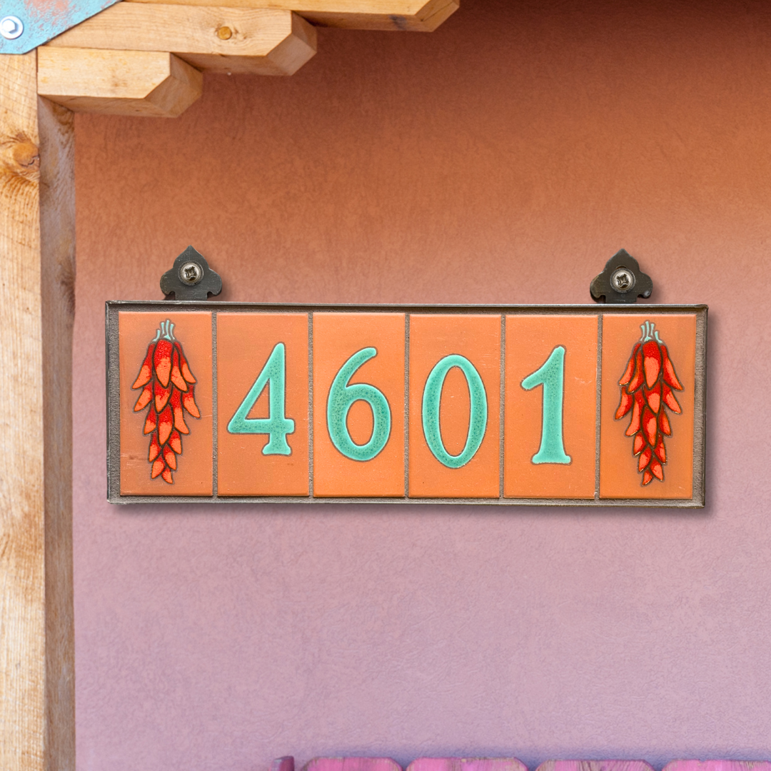Custom Tile House Numbers with Chili End Caps, Terra Cotta Background, and Jade Numbers