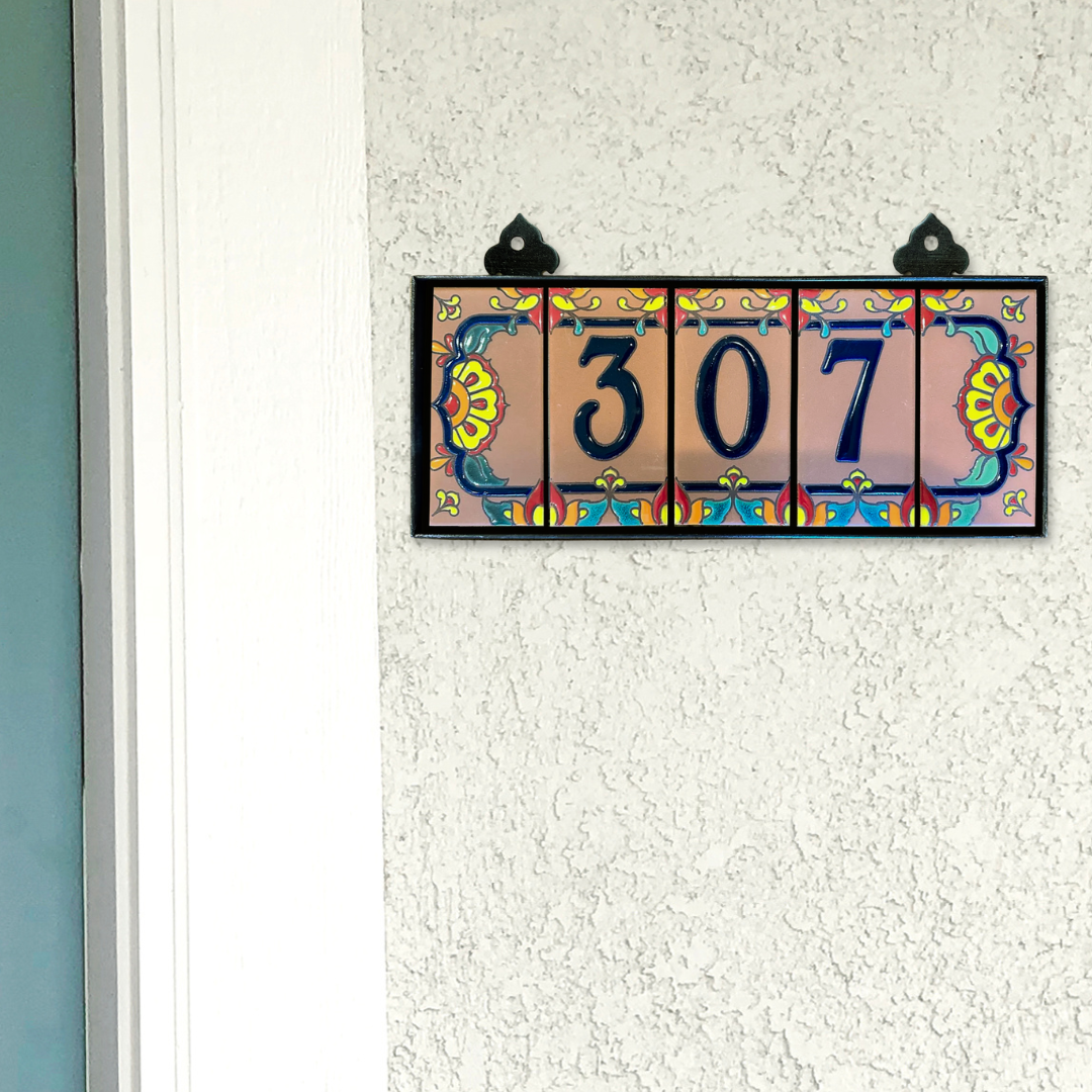 Custom Tile House Numbers with Royal Blue Talavera End Caps, Terra Cotta Background, Royal Blue Numbers
