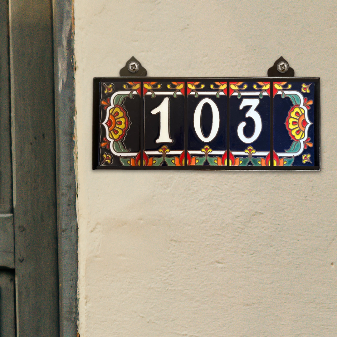 Custom Tile House Numbers with Talavera End Caps, Dark Blue Background, and White Numbers