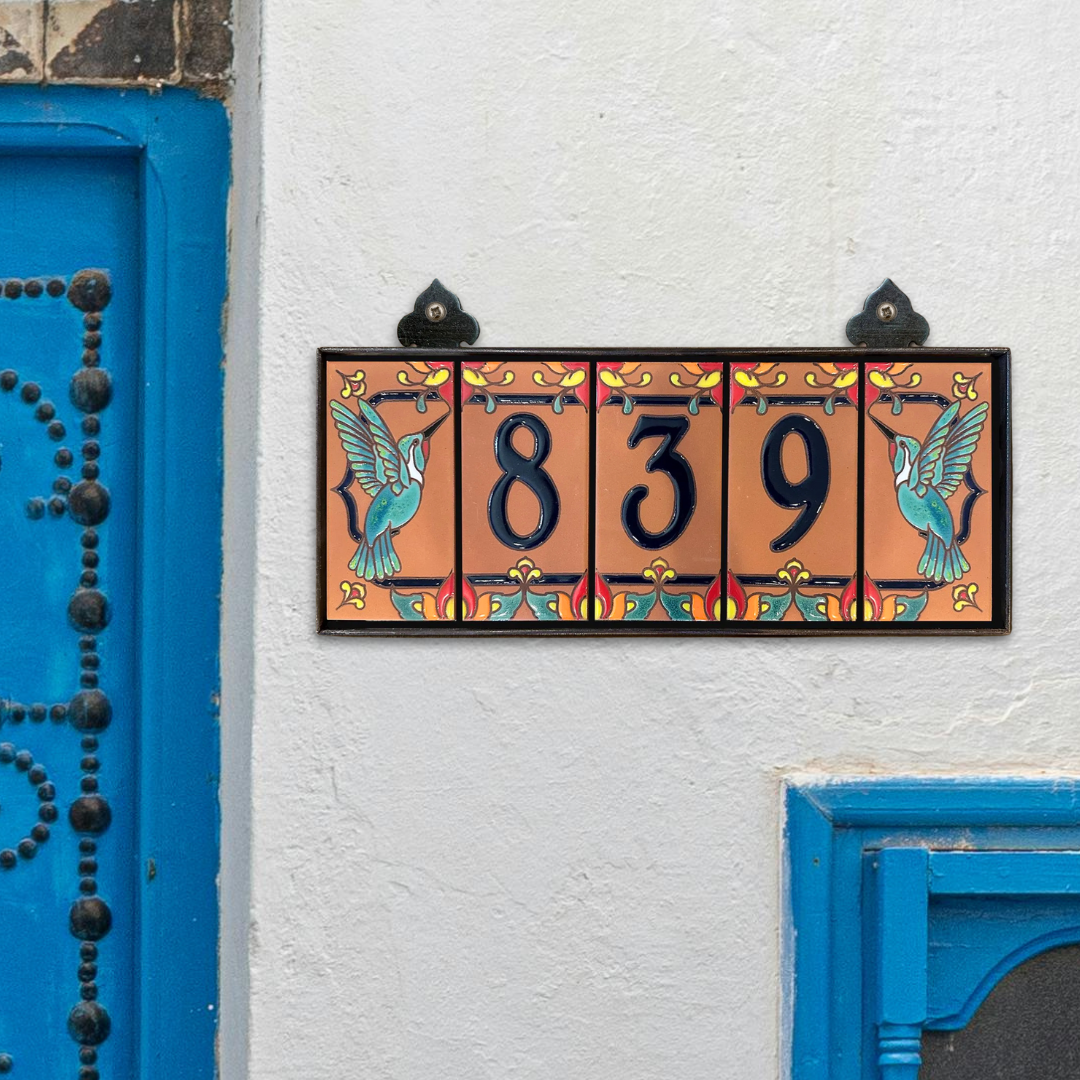 Custom Tile House Numbers with Hummingbird End Caps, Terra Cotta Background, and Royal Blue Numbers