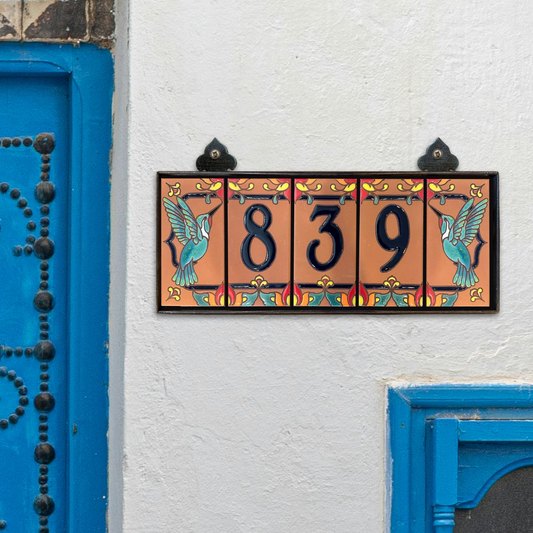 Custom Tile House Numbers with Hummingbird End Caps, Terra Cotta Background, and Royal Blue Numbers