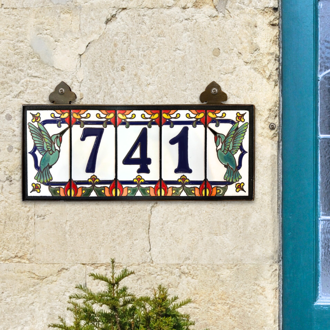 Custom Talavera Tile House Numbers with Hummingbird End Caps, White Background and Royal Blue Numbers