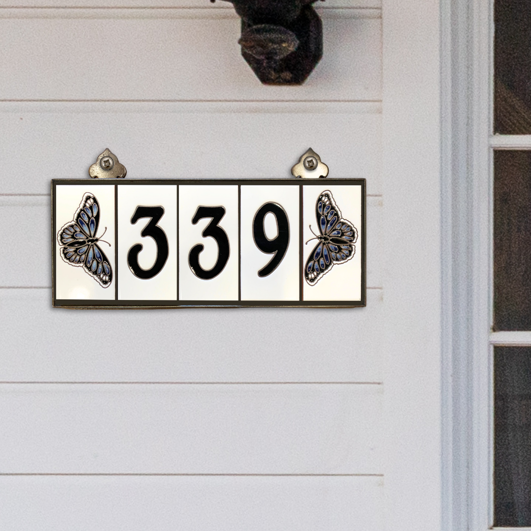 Custom Tile House Numbers with Blue Butterfly End Caps, White Background and Black Numbers