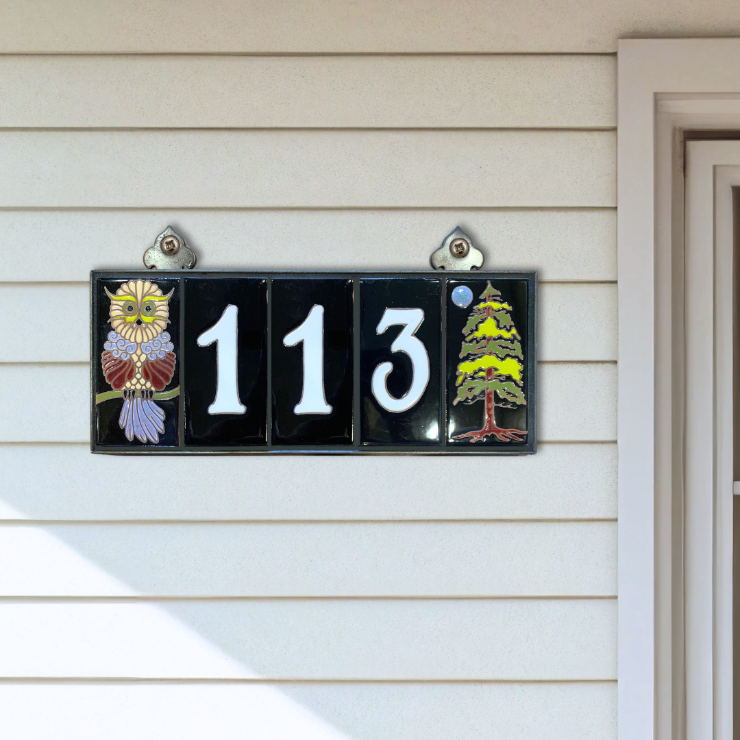 Custom Tile House Numbers with Forest End Caps, Black Background, and White Numbers