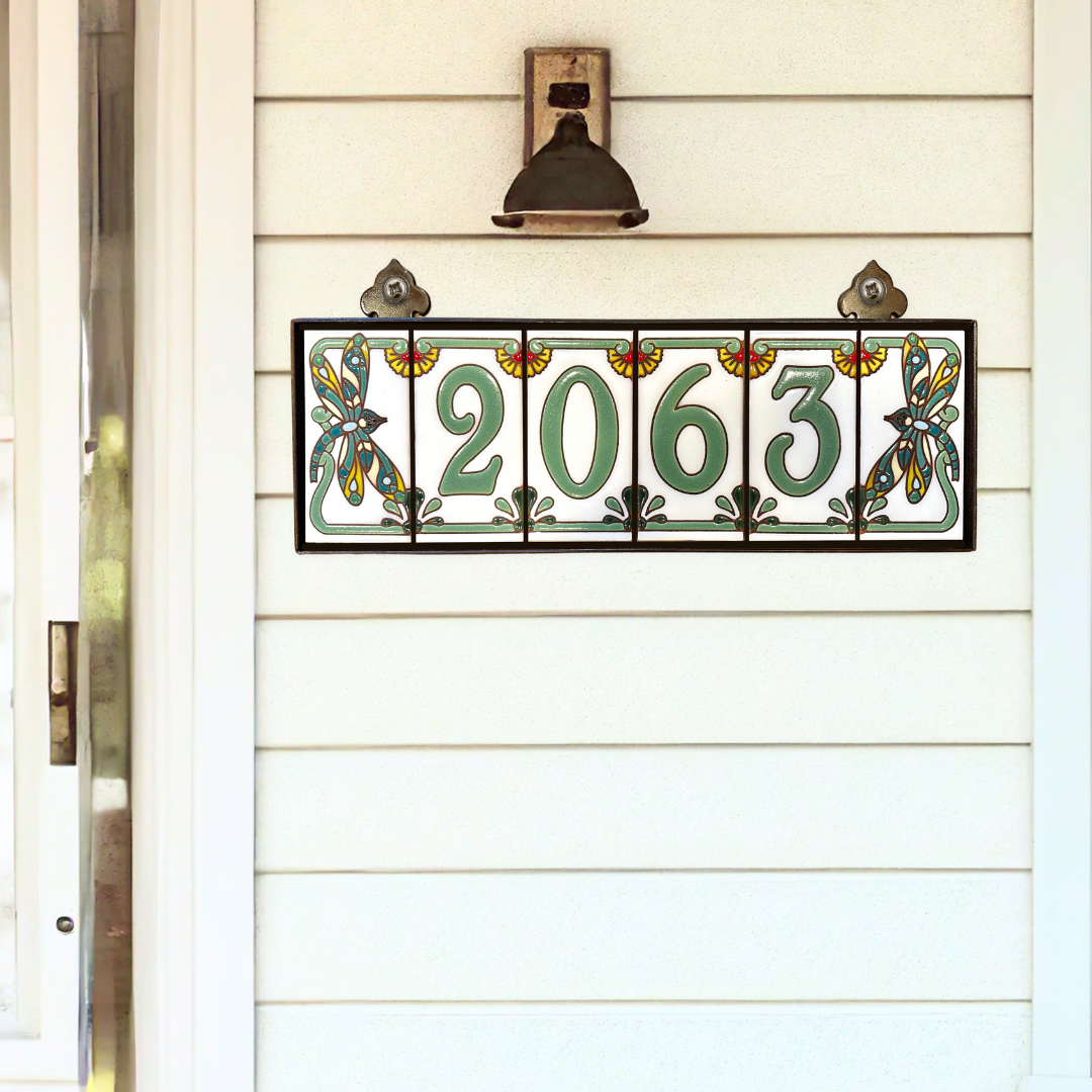 Custom Tile House Numbers with Dragonfly End Caps, White Background, and Tidal Pool Green Numbers