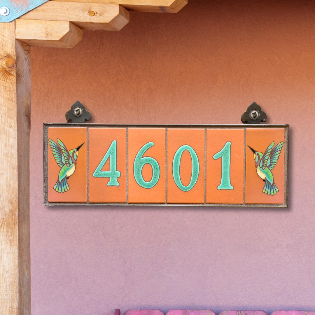 Custom Tile House Numbers with Hummingbird End Caps, Terra Cotta Background, and Jade Numbers