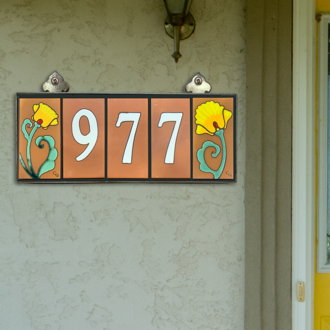 Custom Tile House Numbers with Poppy End Caps, Terra Cotta Background and White Numbers