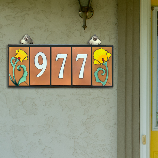 Custom Tile House Numbers with Poppy End Caps, Terra Cotta Background and White Numbers
