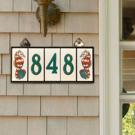Custom Tile House Numbers with Seahorse End Caps, Off White Background and Jade Numbers