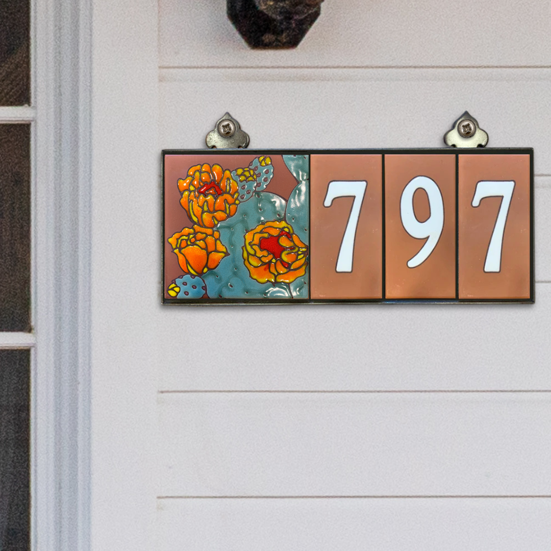 Choose your design: Tile House Numbers with Cactus, Butterfly or Hummingbird design, Terra Cotta Background and White Numbers