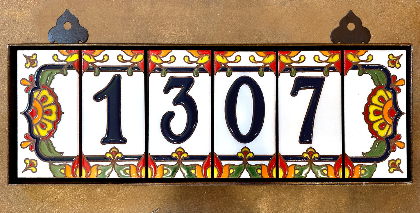 Custom Tile House Numbers with Talavera End Caps, White Background and Blue Numbers