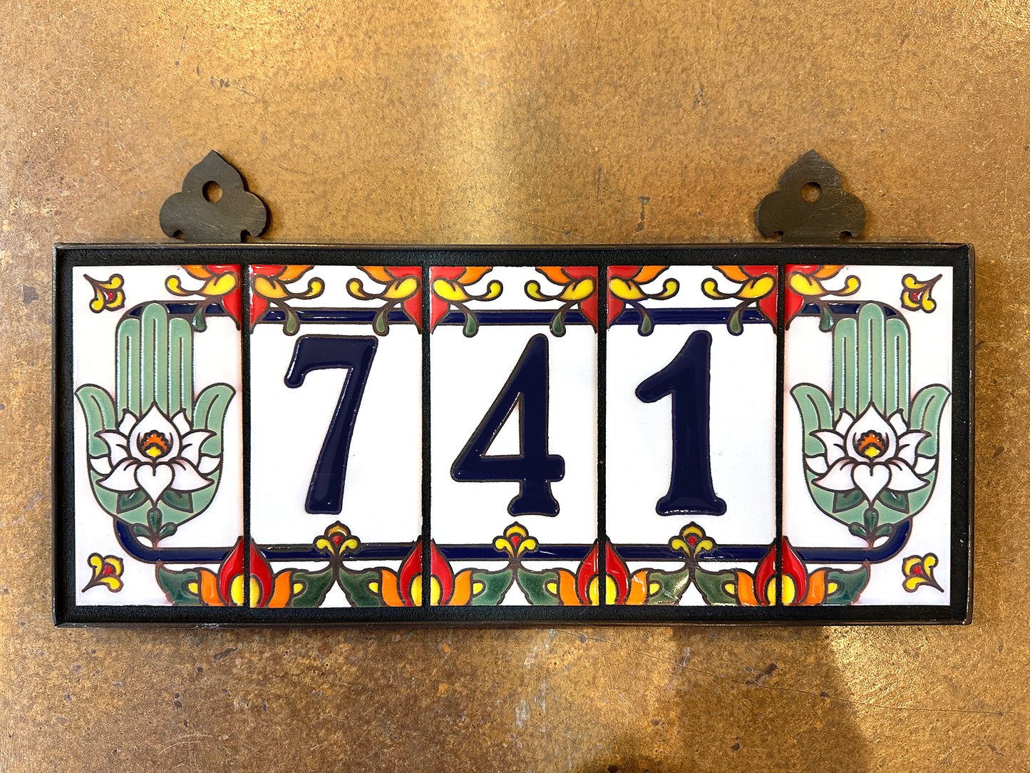 Custom Tile House Numbers with Hamsa Hand End Caps, White Ceramic Background, and Blue Numbers