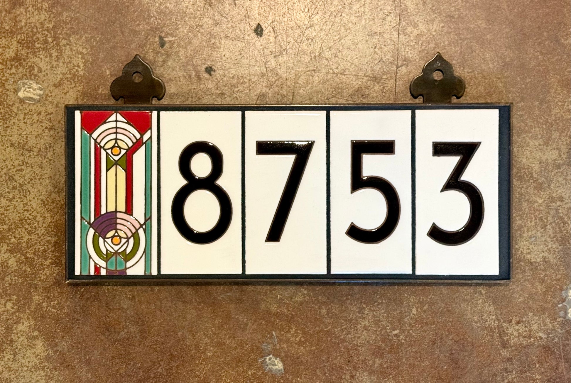 April Showers | Custom Frank Lloyd Wright© White Ceramic Tile Address Numbers | Hand Glazed Tile | Personalizable Framed Modern Address Sign