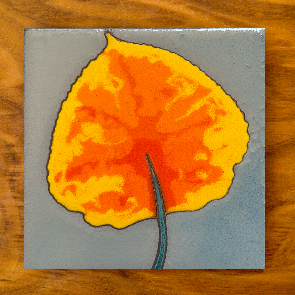 aspen leaf ceramic tile orange on blue