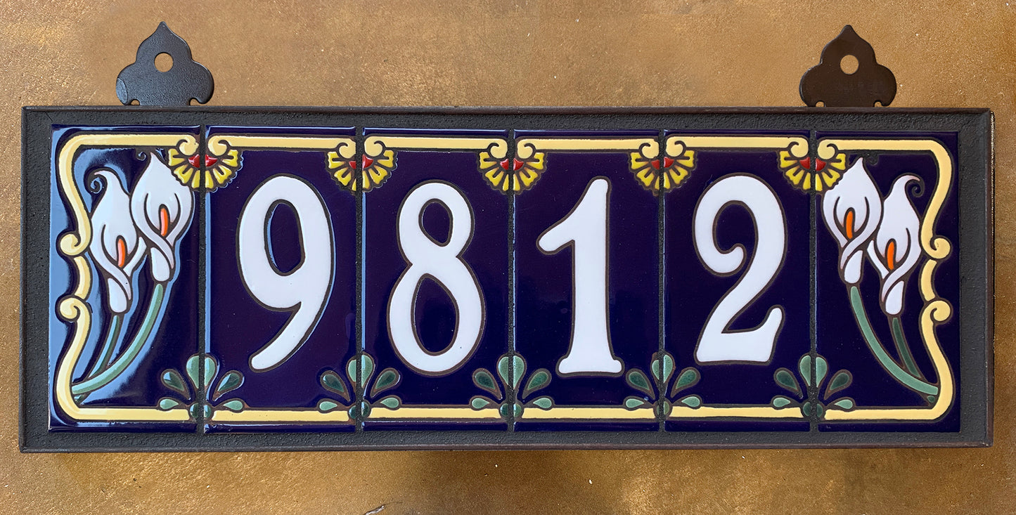 Custom Tile House Numbers with Calla Lily End Caps, Blue Background, and White Numbers