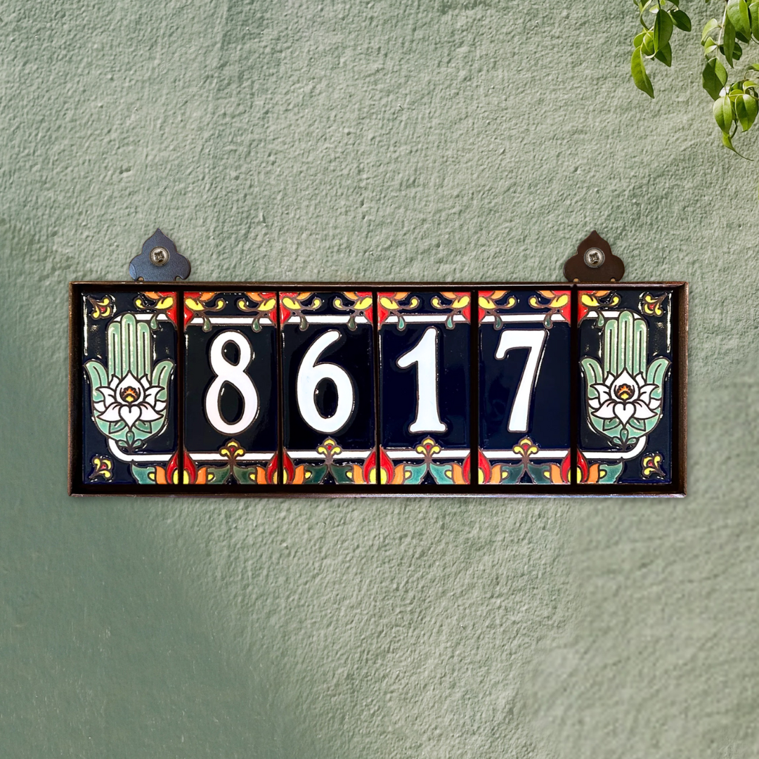 Custom White on Blue Ceramic Tile House Numbers | Hamsa Hand End Caps | Custom Address Sign | Talavera Tile | Made by Arizona Artist