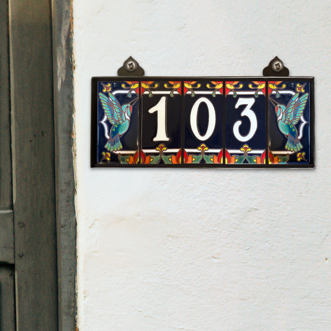 Hand Glazed Tile House Numbers & Custom Address Sign with Hummingbird Endcaps, Blue and White