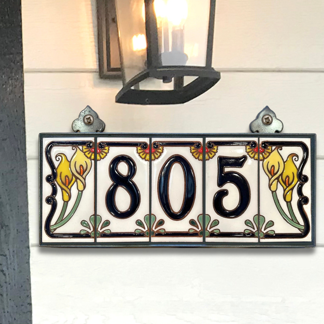 Custom Tile House Numbers with Calla Lily End Caps, White Ceramic Background, and Blue Numbers