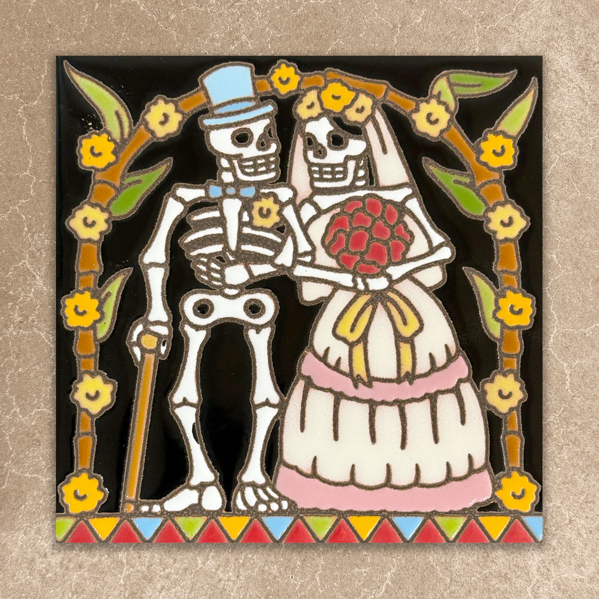 Skeleton couple with floral decorations on a decorative border
