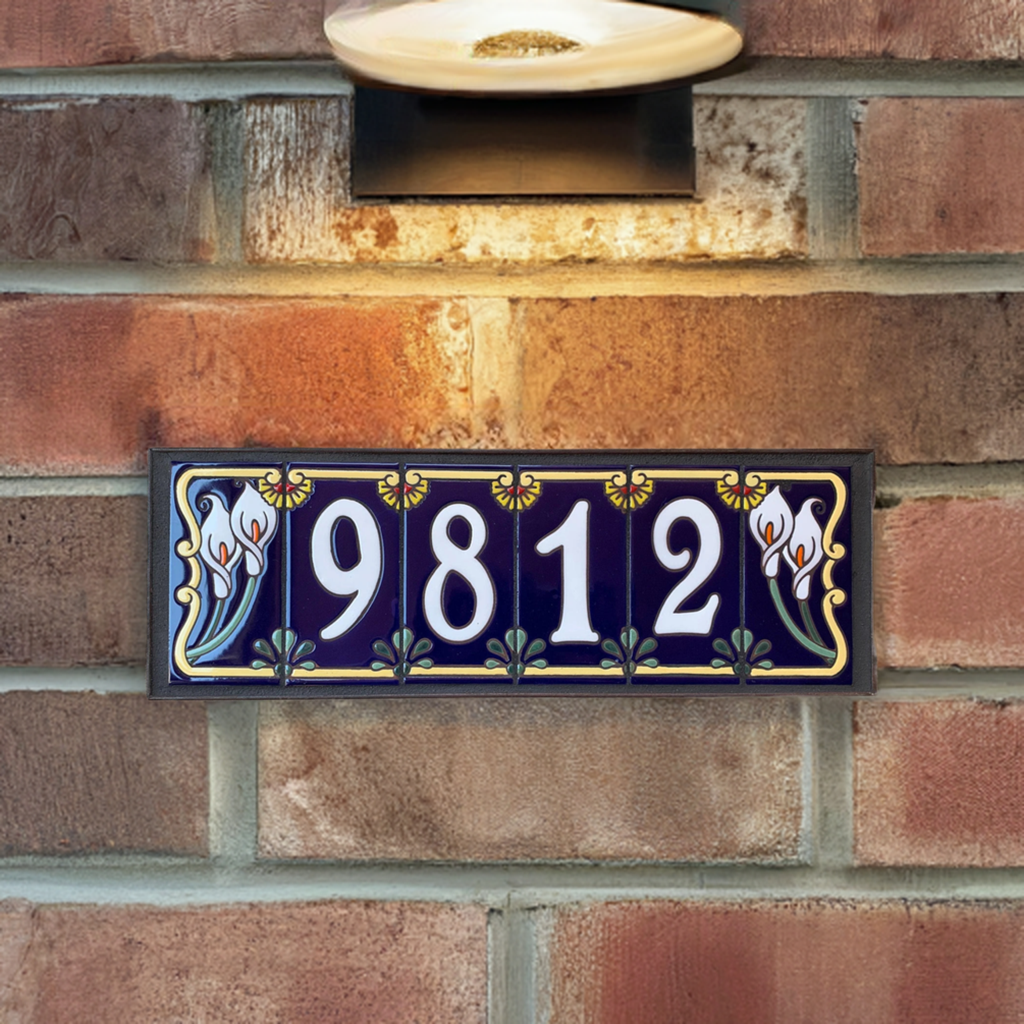 Custom Tile House Numbers with Calla Lily End Caps, Blue Background, and White Numbers