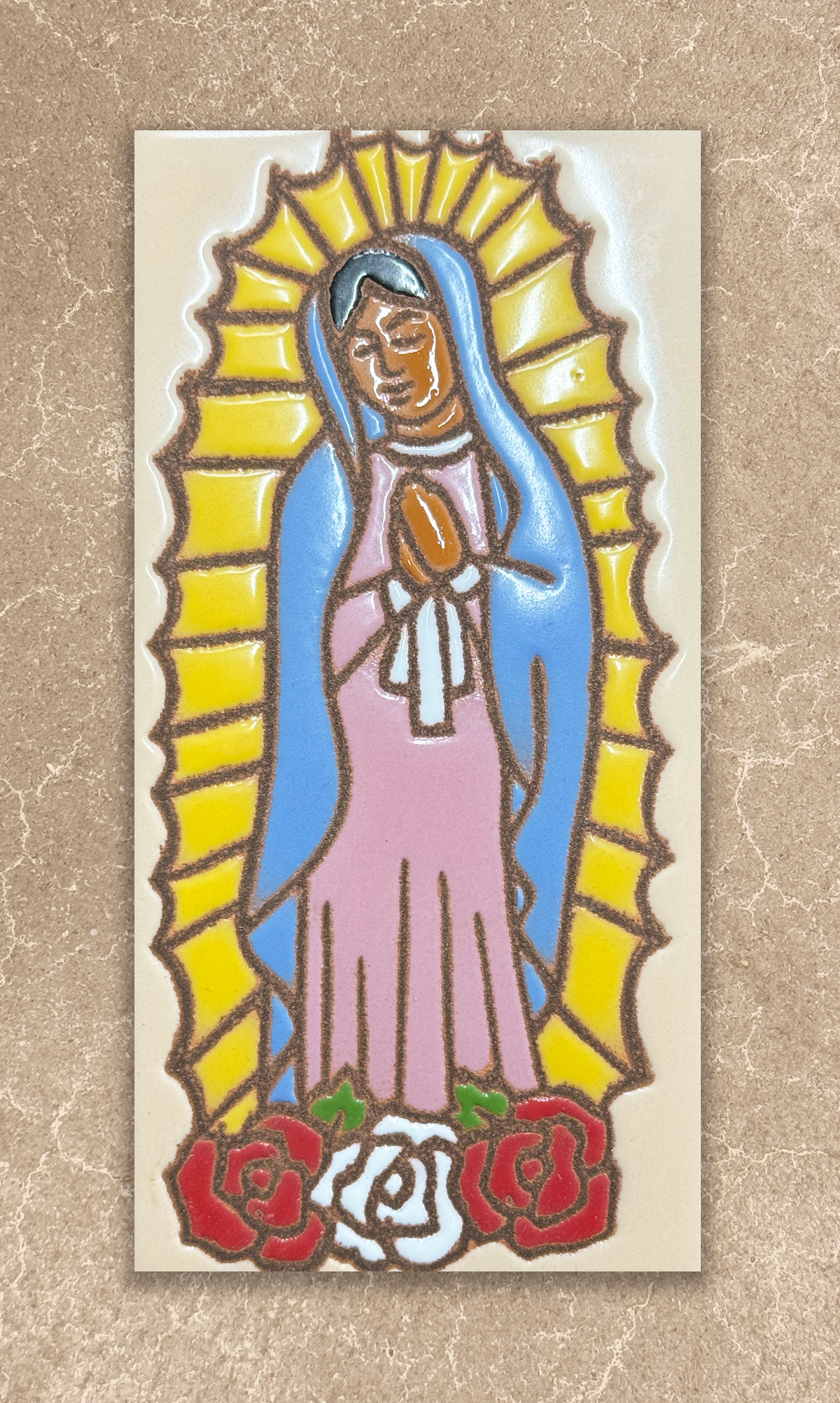Sticker of a religious figure with a yellow光环and blue robe on a beige background