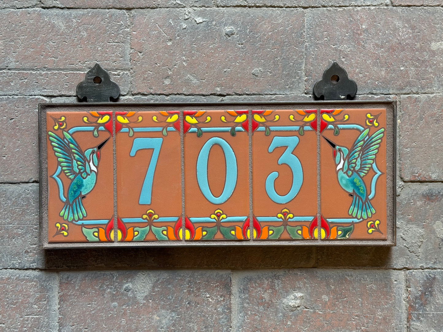 Custom Tile House Numbers with Talavera design, Hummingbird End Caps, Terra Cotta Background and Turquoise Numbers