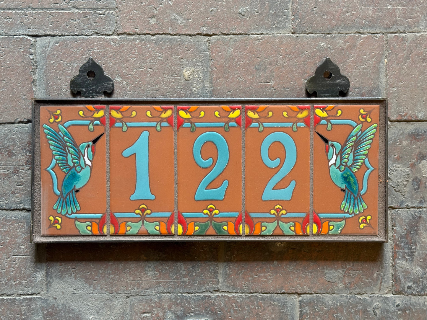 Custom Tile House Numbers with Talavera design, Hummingbird End Caps, Terra Cotta Background and Turquoise Numbers