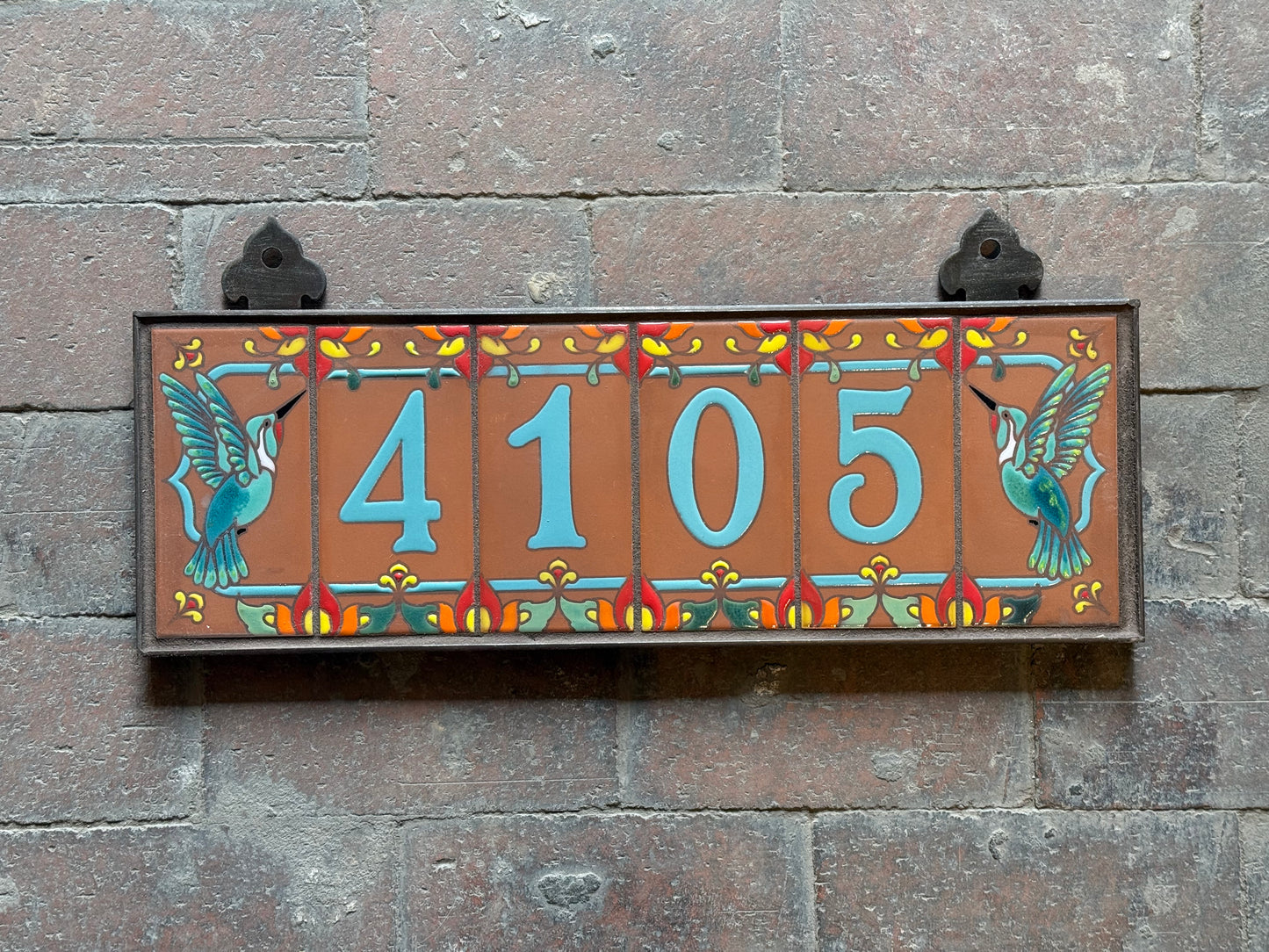 Custom Tile House Numbers with Talavera design, Hummingbird End Caps, Terra Cotta Background and Turquoise Numbers