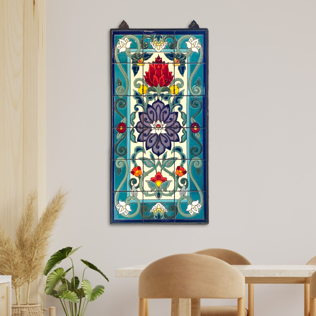 Arabesque Lotus Blossom Mural | 18"x36" Hand Glazed Ceramic Tile Art | Indoor Outdoor Colorful Wall Decor | Metal Frame | Weatherproof