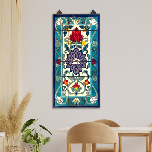 Arabesque Lotus Blossom Mural | 18"x36" Hand Glazed Ceramic Tile Art | Indoor Outdoor Colorful Wall Decor | Metal Frame | Weatherproof