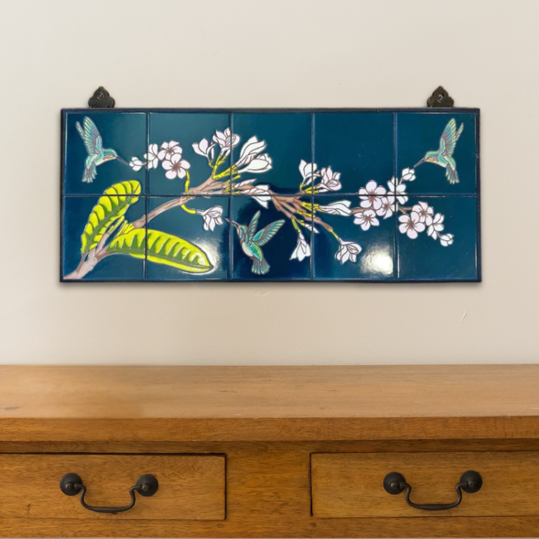 Plumeria & Hummingbirds Hand Glazed Tile Mural | Tropical Wall Art | Hummingbird Decor