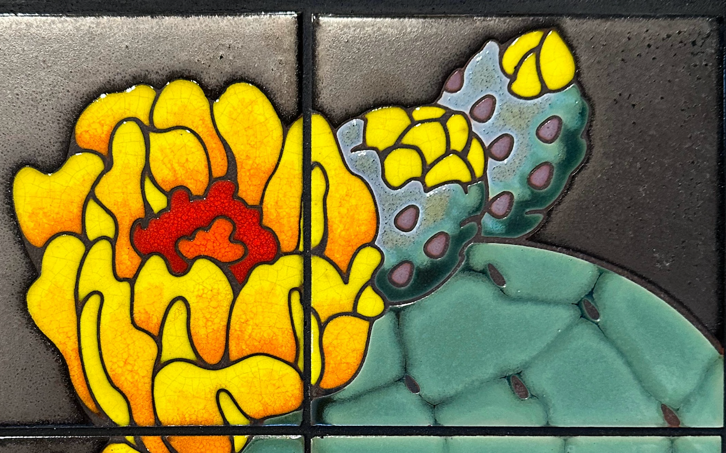 Prickly Pear Blooms Tile Mural on Emerald, Terra Cotta, or Black Adventurine Tile