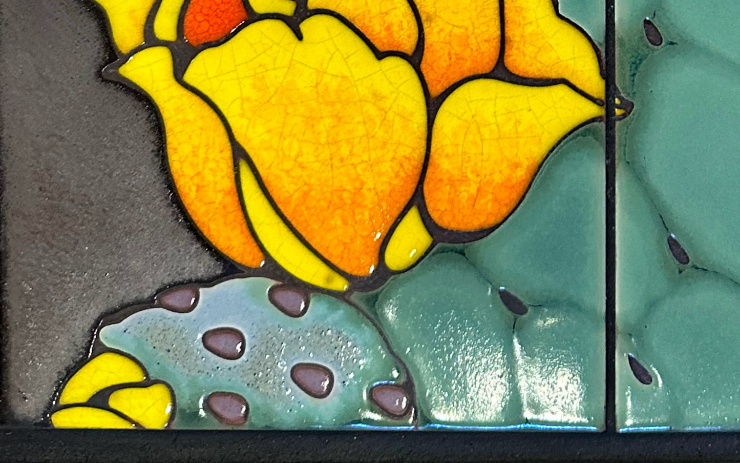 Prickly Pear Blooms Tile Mural on Emerald, Terra Cotta, or Black Adventurine Tile