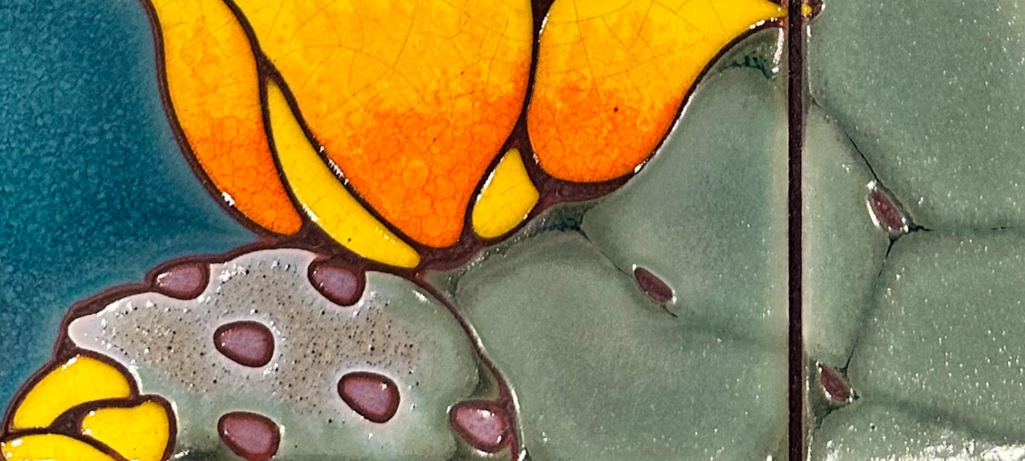 Prickly Pear Blooms Tile Mural on Emerald, Terra Cotta, or Black Adventurine Tile