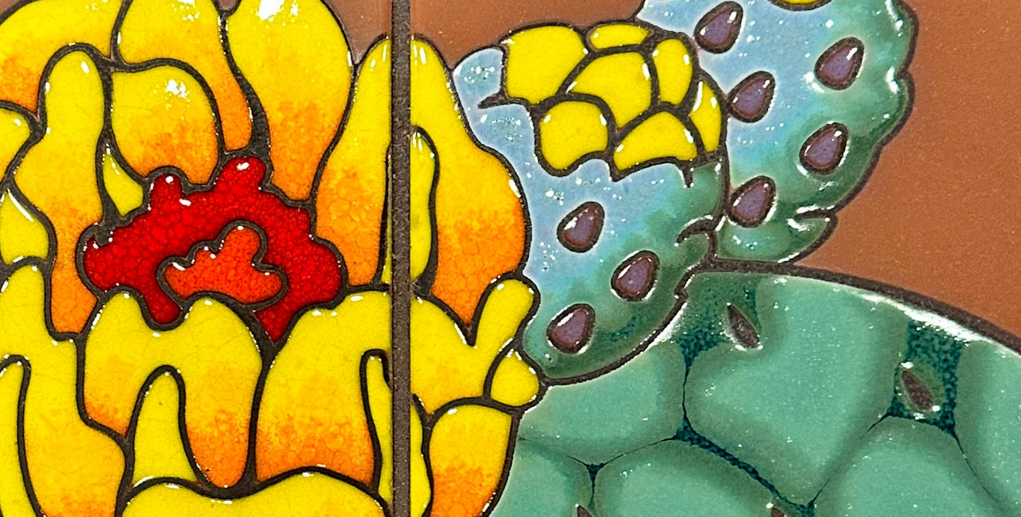 Prickly Pear Blooms Tile Mural on Emerald, Terra Cotta, or Black Adventurine Tile