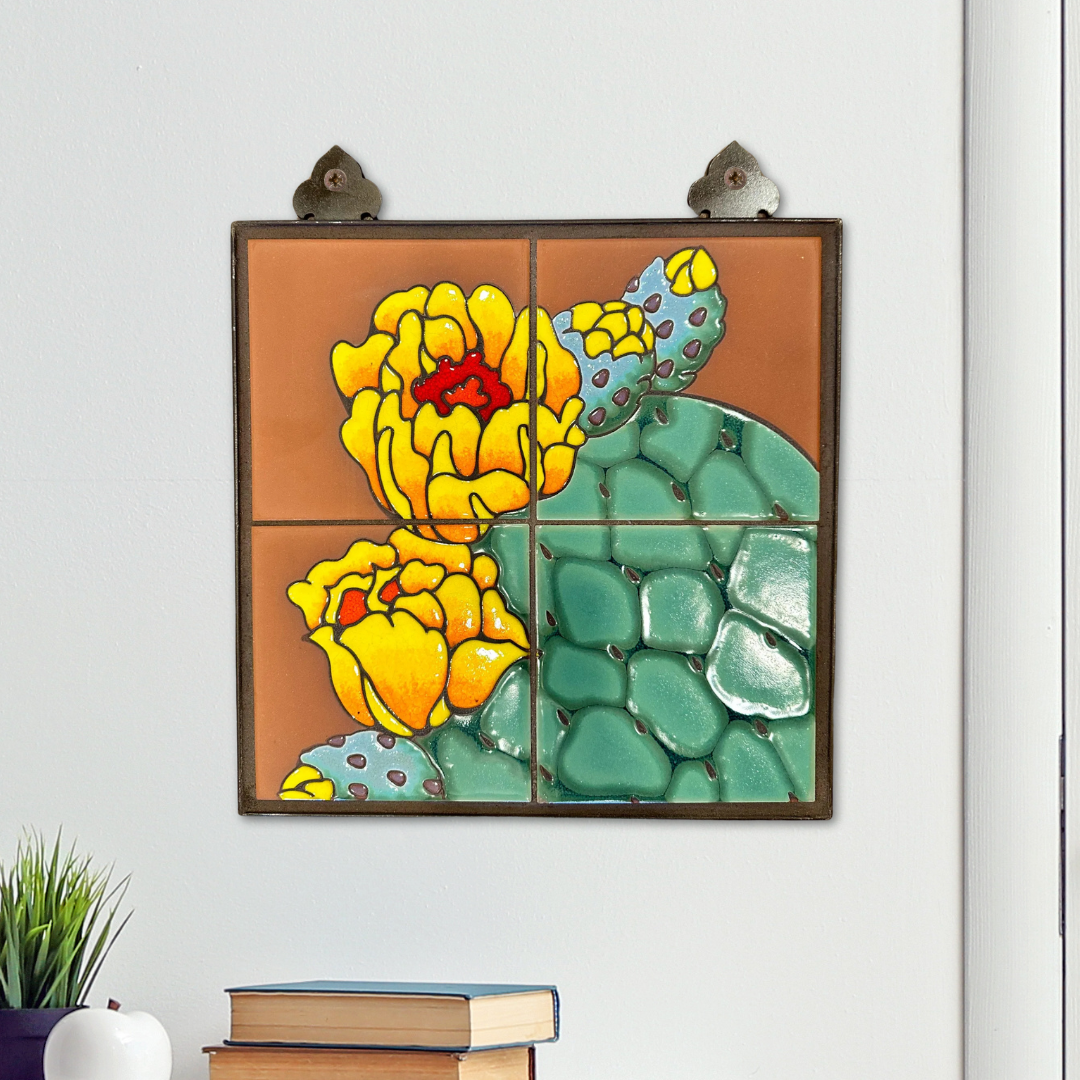Prickly Pear Blooms Tile Mural on Emerald, Terra Cotta, or Black Adventurine Tile | Desert Wall Art | Southwest Decor
