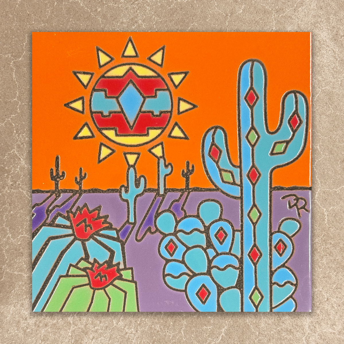Colorful desert scene with cacti and a sun on an orange background