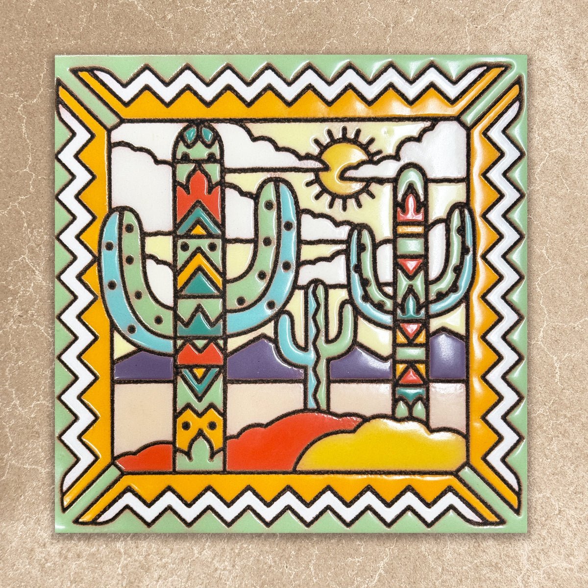 colorful ceramic tile with 3 saguaro cactus