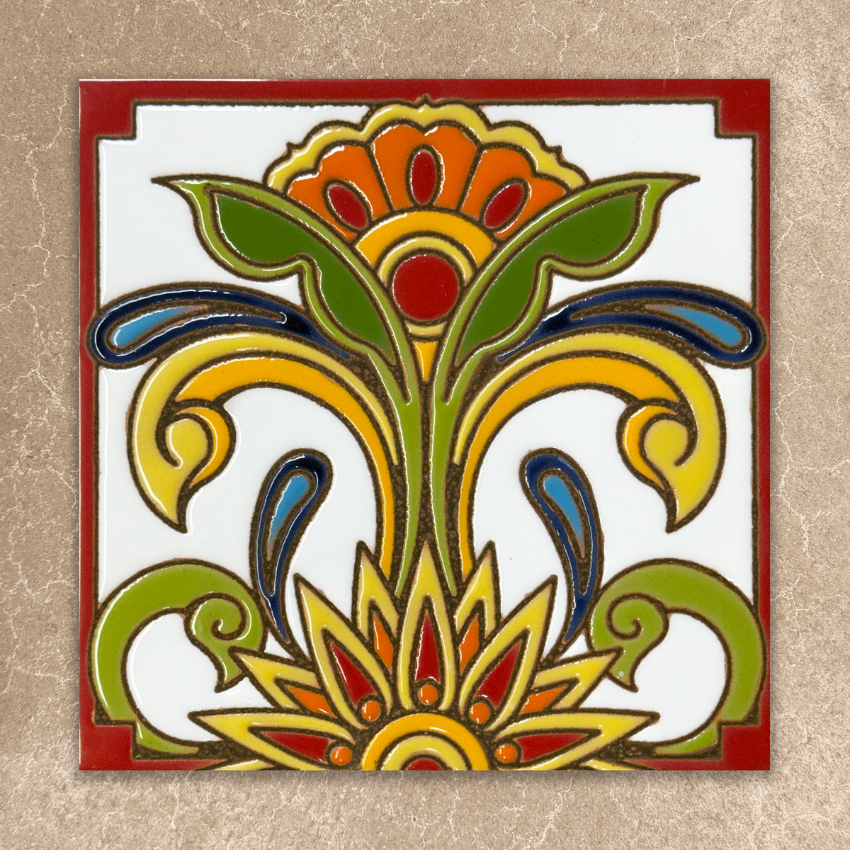Decorative tile with floral design on a beige background