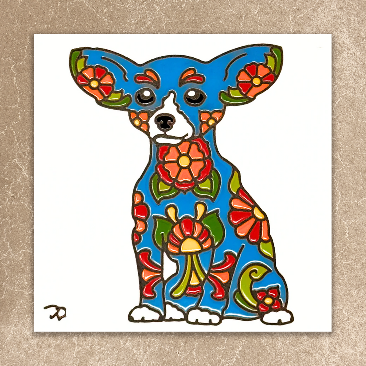Colorful dog illustration with floral patterns on a beige background