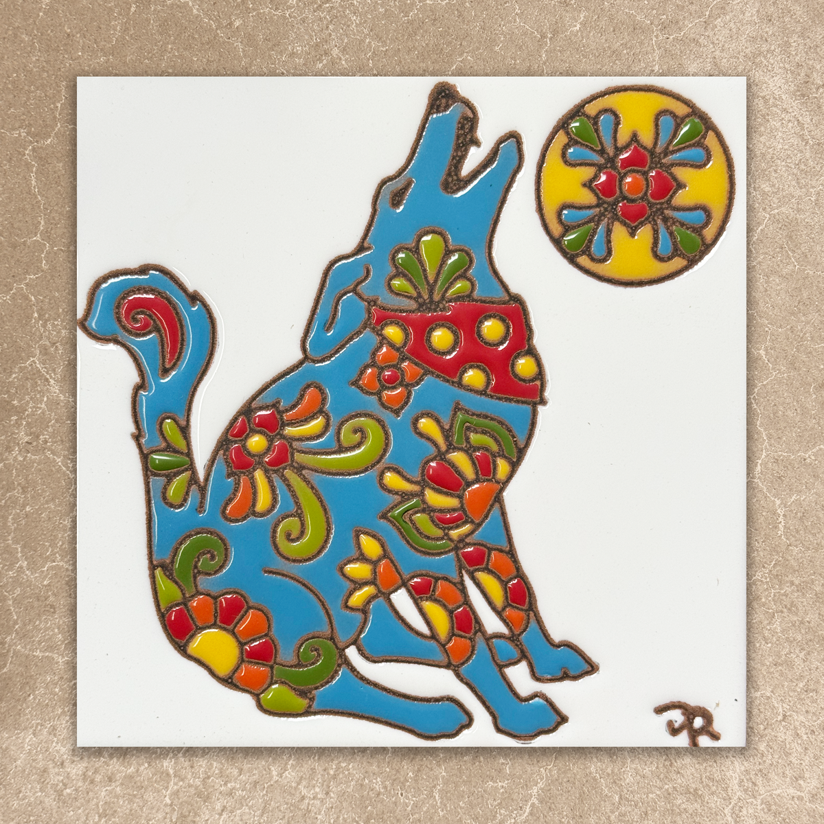 Colorful decorative design of a stylized coyote with floral patterns on a beige background