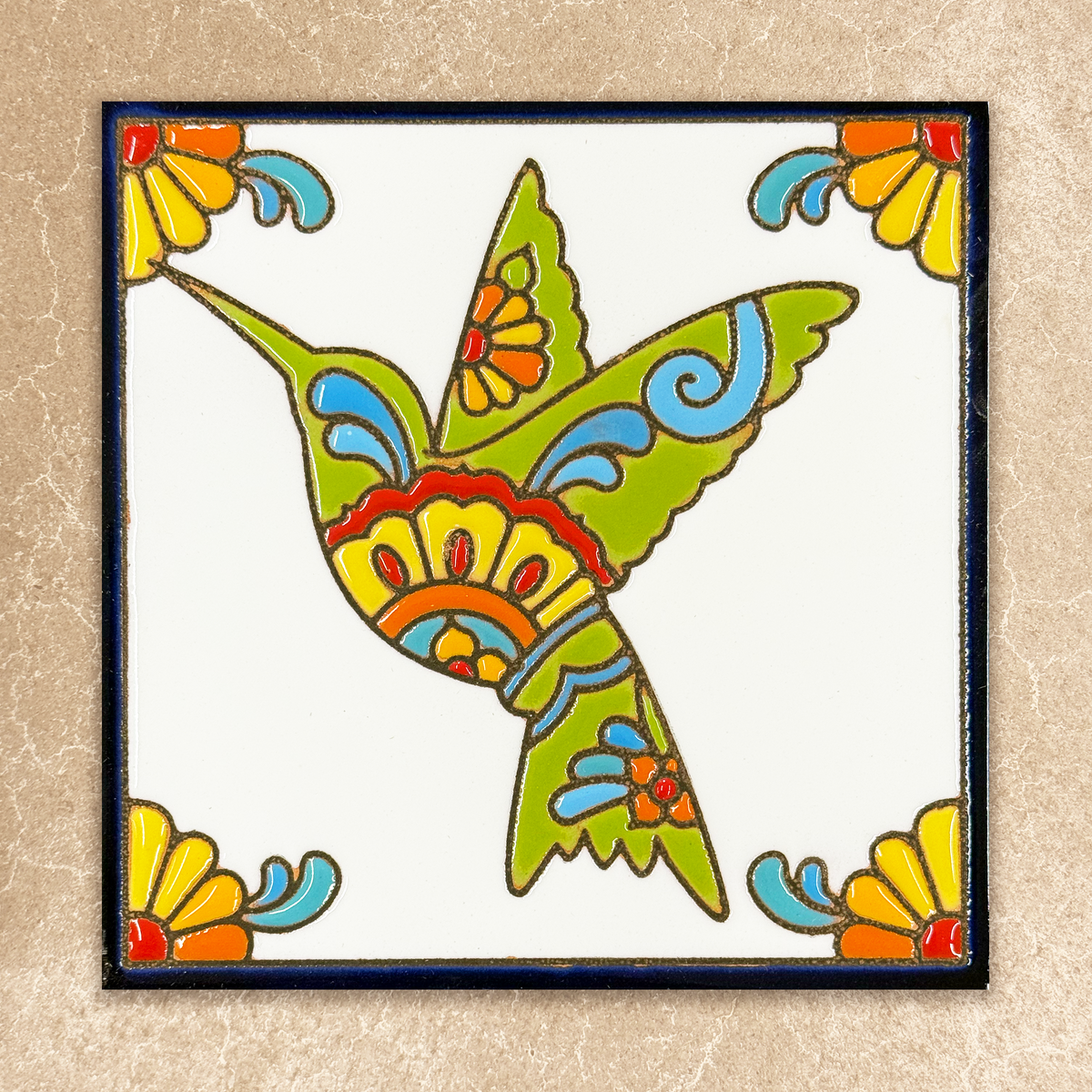 Colorful hummingbird design on a white background with decorative border