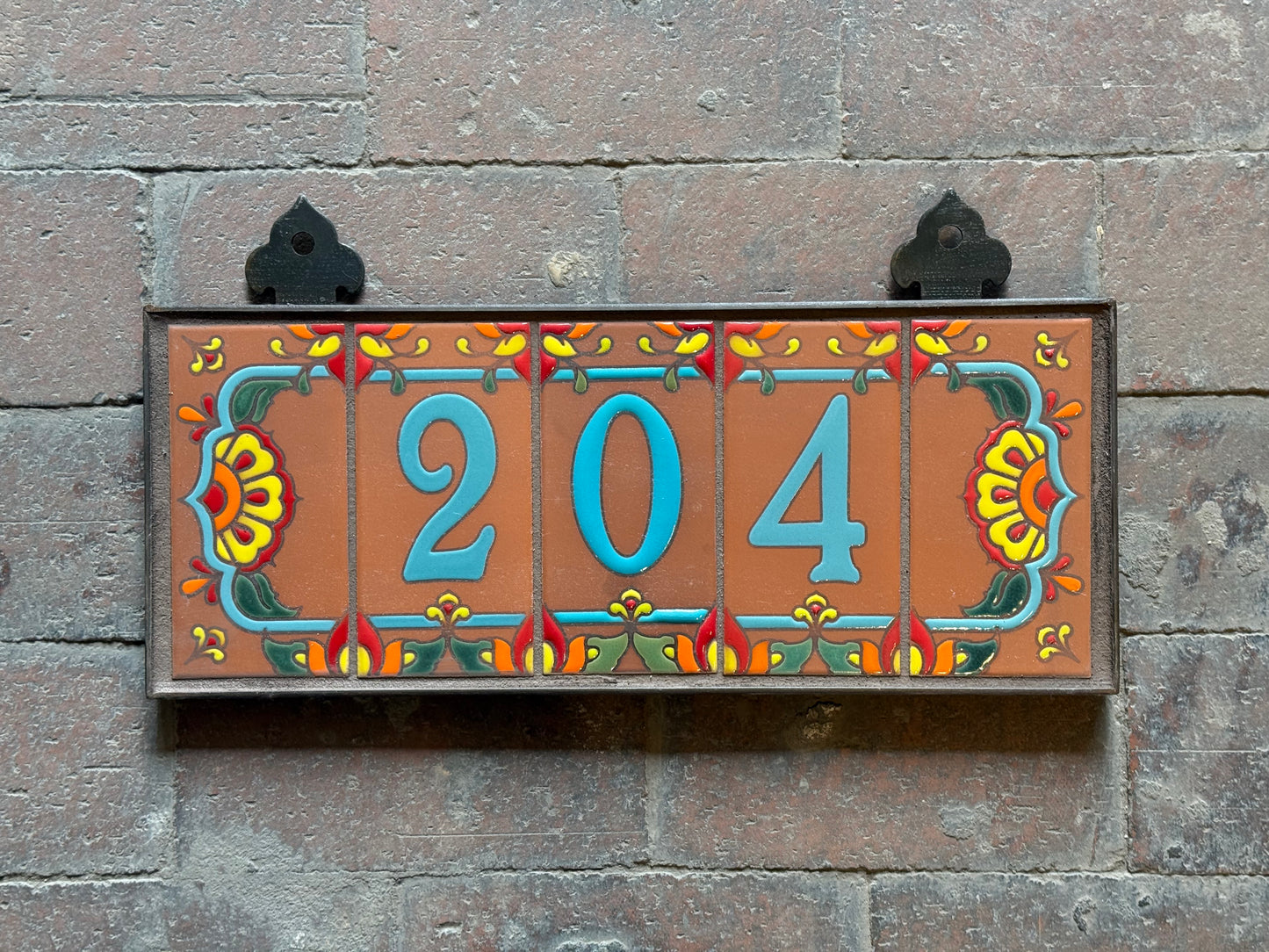 Custom Tile House Numbers with Talavera End Caps, Terra Cotta Background, and Turquoise Numbers