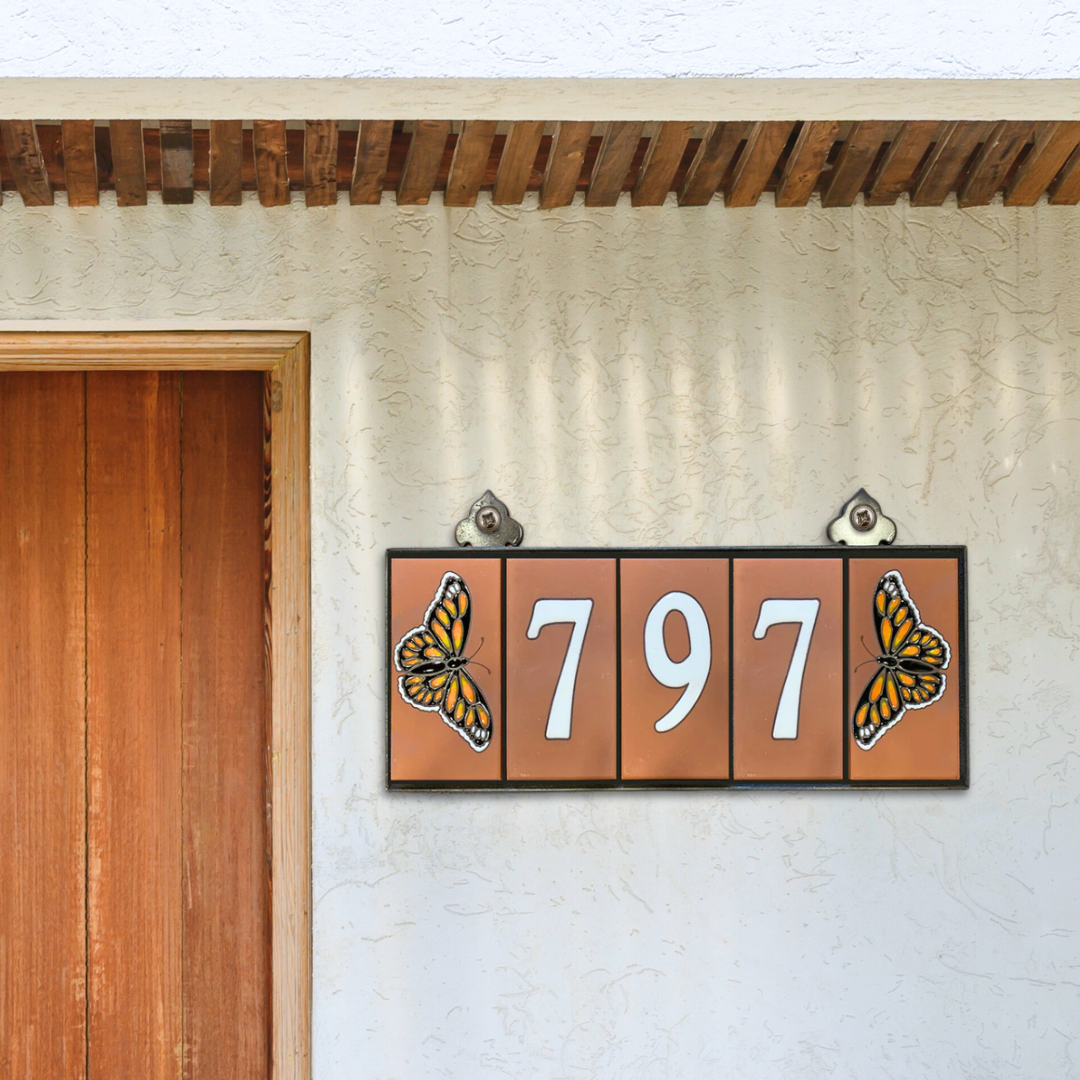 Custom Tile House Numbers with Monarch Butterfly End Caps, Terra Cotta Background and White Numbers
