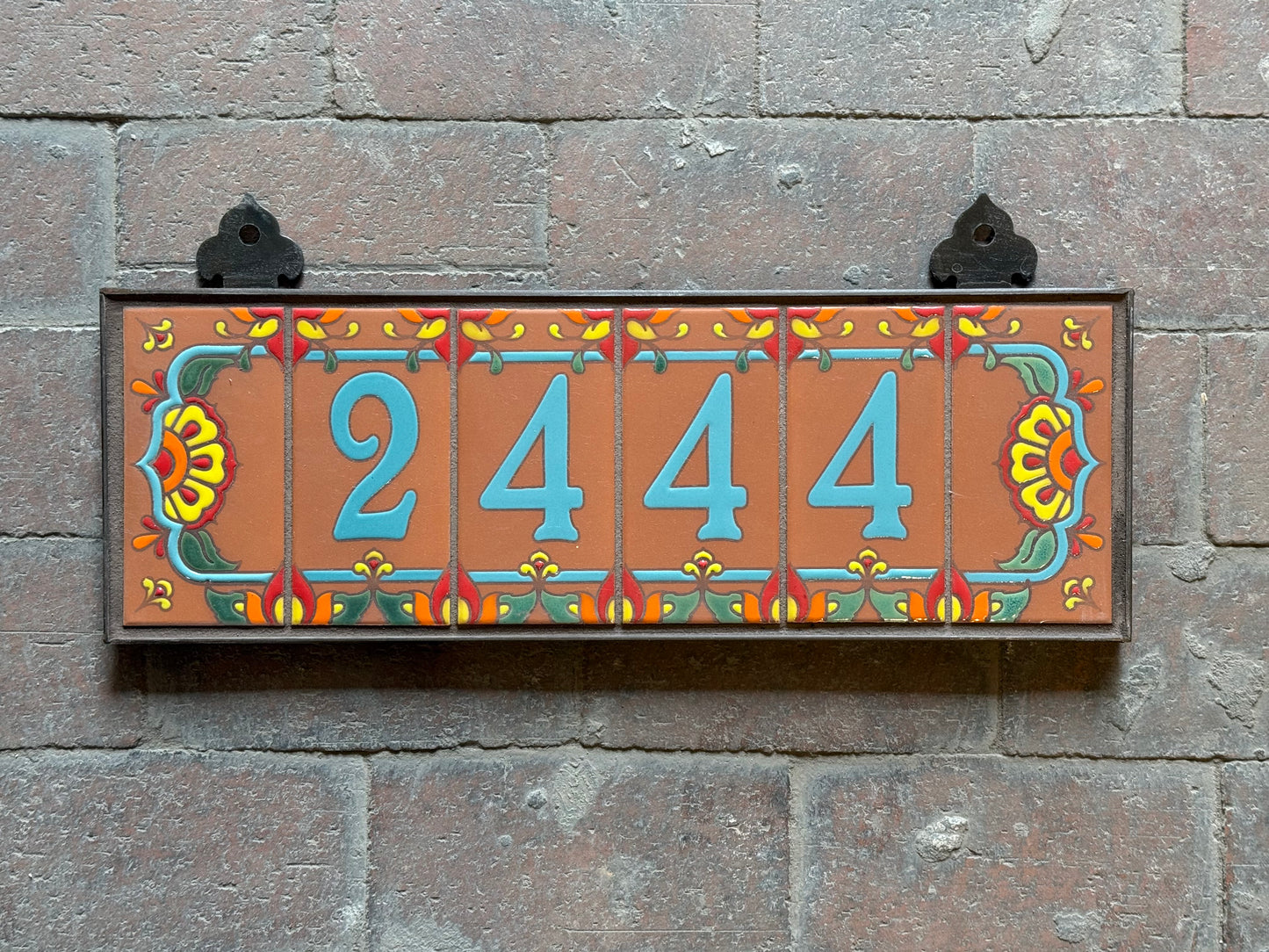 Custom Tile House Numbers with Talavera End Caps, Terra Cotta Background, and Turquoise Numbers